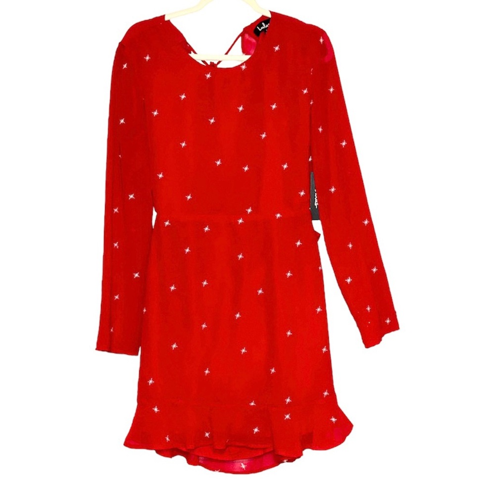 Cosmic Lulus Red Ruffle Embroidered Star Mini Dress - Picture 2 of 7